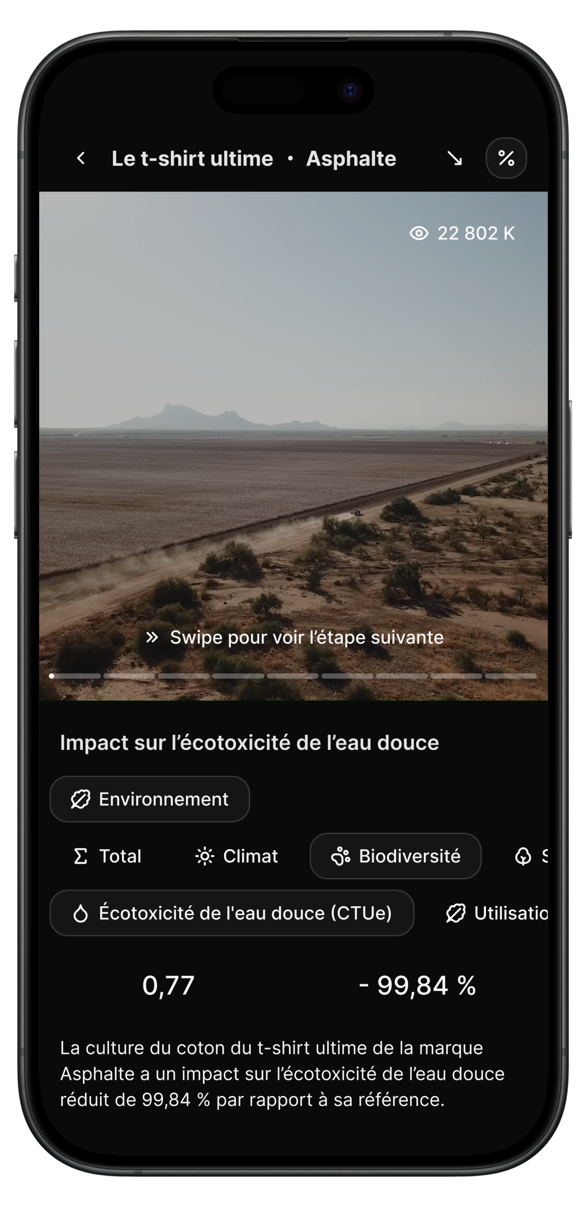 Écran de l’application comparative l’impact du t-shirt à sa référence